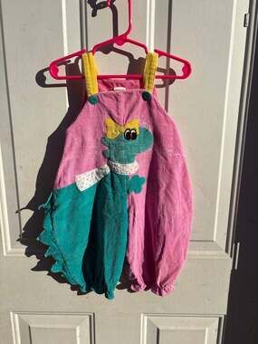 Vintage 90s Baby Dinosaur Corduroy Overalls 12 Months Pink Teal Novelty Romper